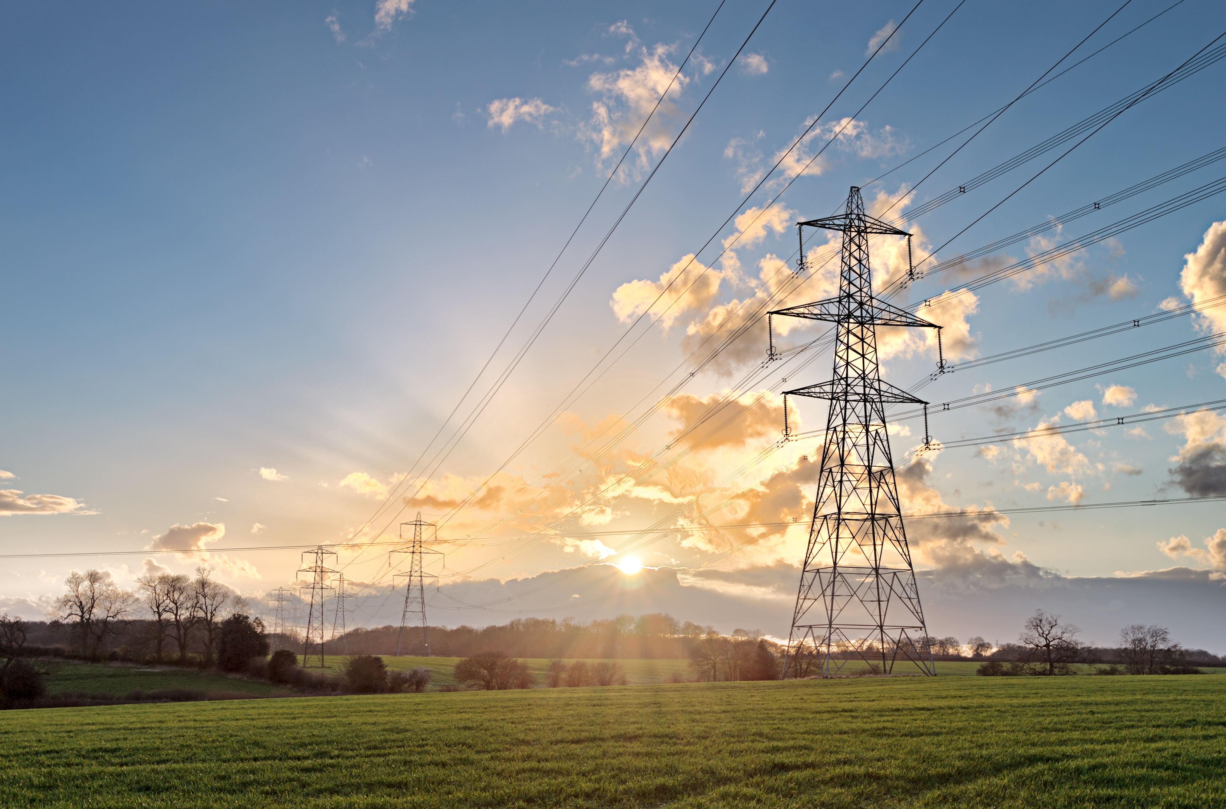 Transmission pylons at golden hour