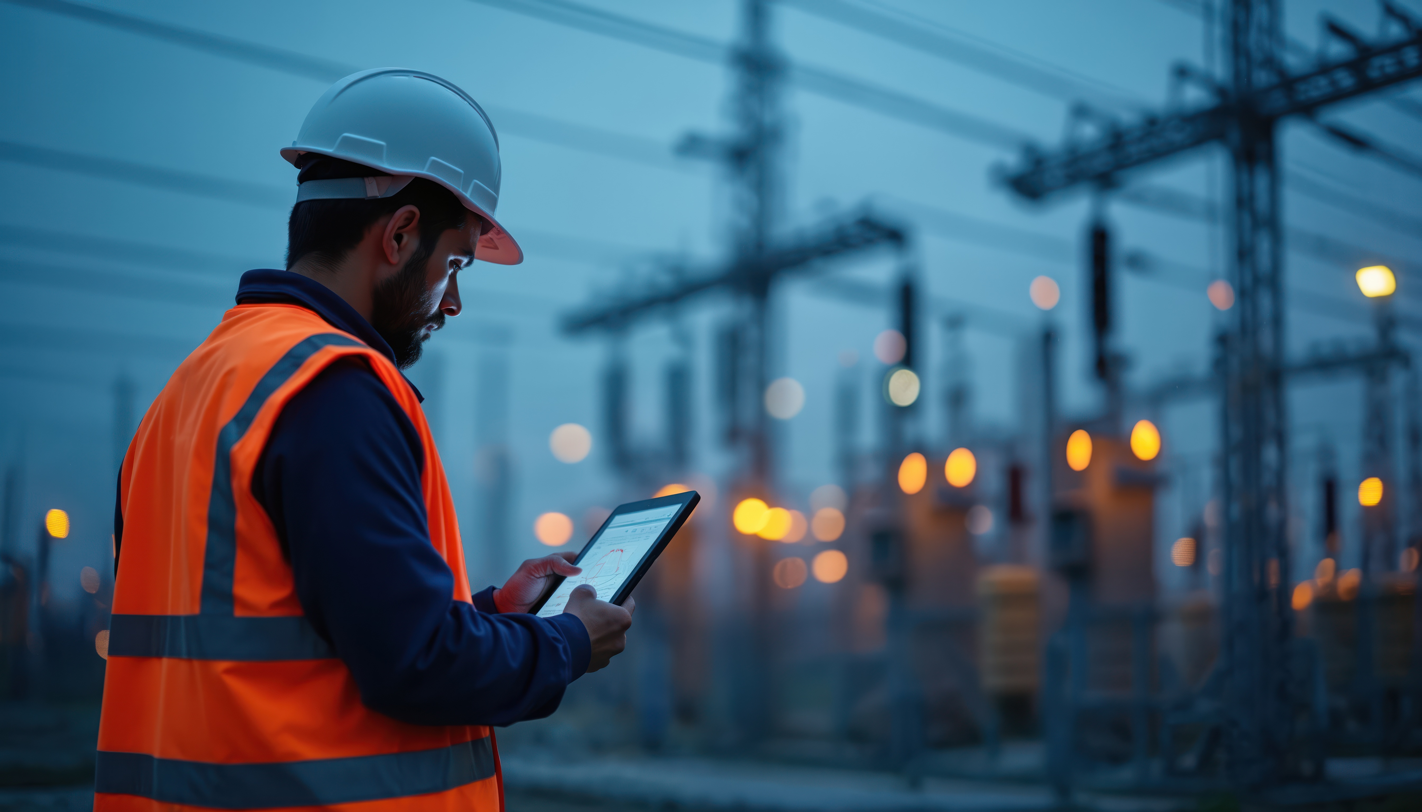 Engineer with tablet at substation